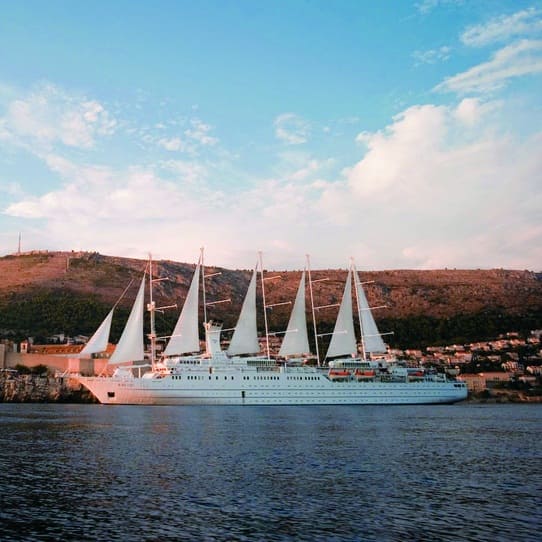 Windstar Cruise ship docked on the shores of Dubrovnik
