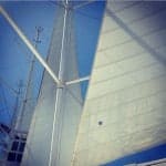 white Windstar sails against the blue sky