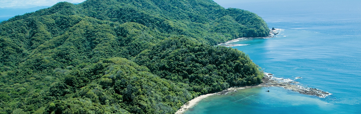 Costa Rican island covered in green trees and surrounded by blue ocean