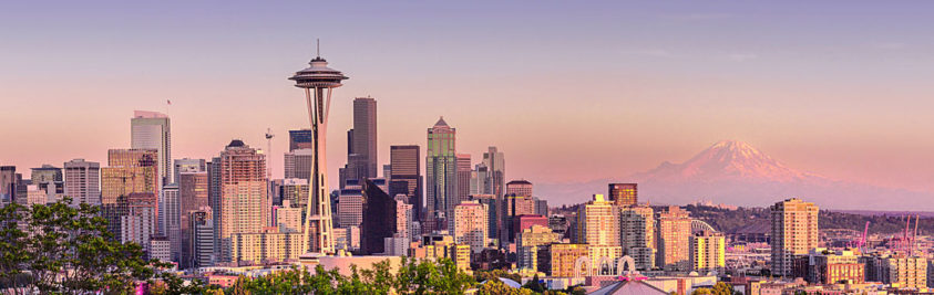 Seattle skyline against a pink sky