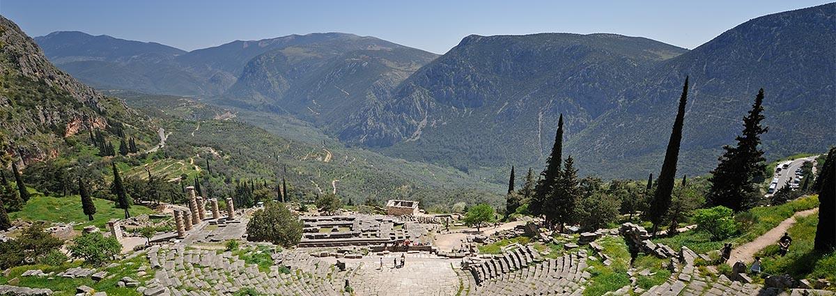 View of Delphi Theater, Temple of Apollo and valley