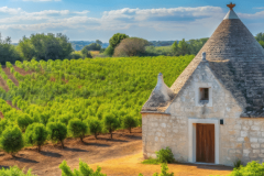 A traditional Apulian farmhouse is surrounded by olive groves and vineyards./Adobe